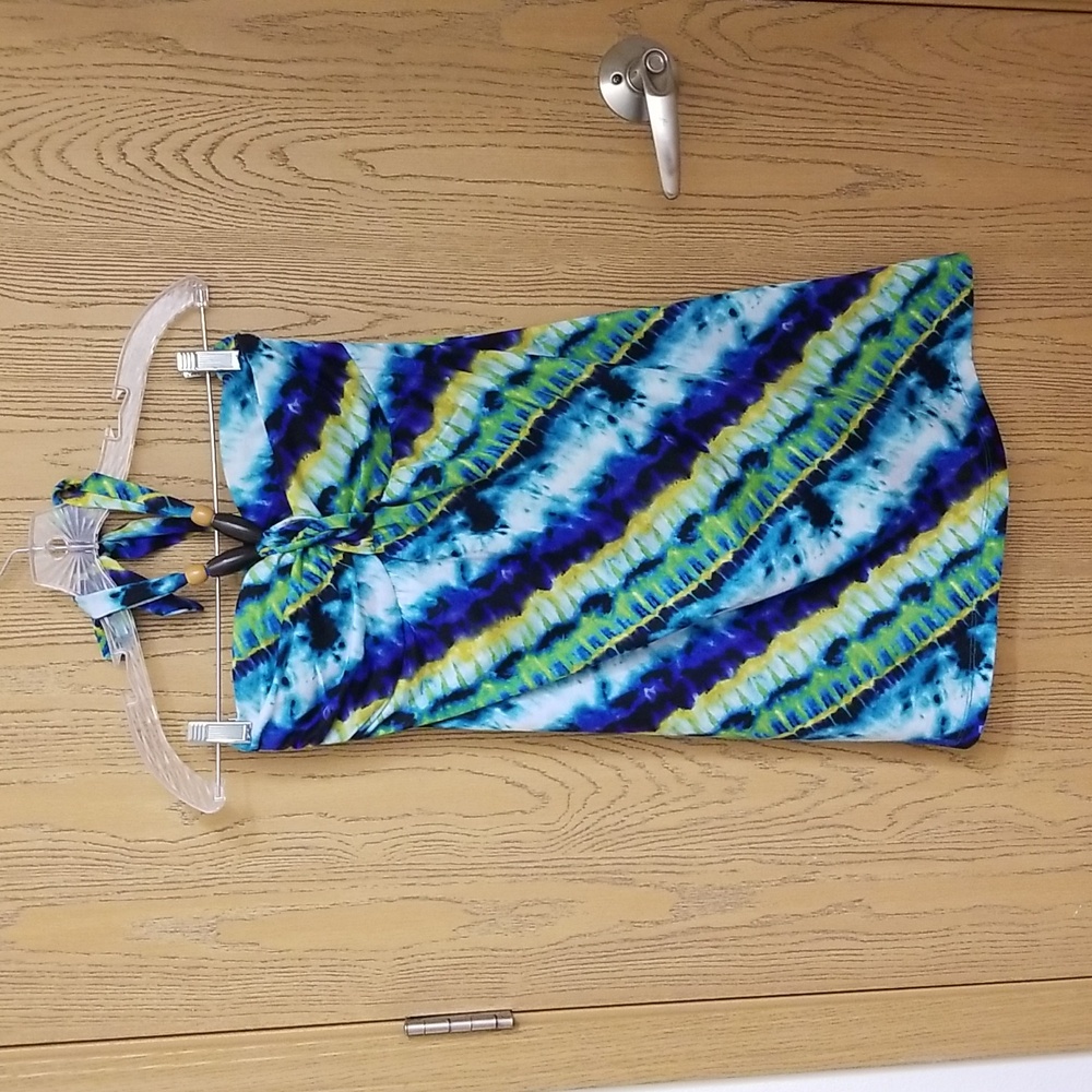 No Boundaries Blue Green Yellow Tie Dye Mini Dress With Brown Beaded Neck Tie